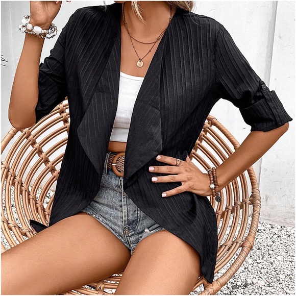 Ribbed Open front Cuffed Sleeve Blazer Jacket - Picture 2 of 13